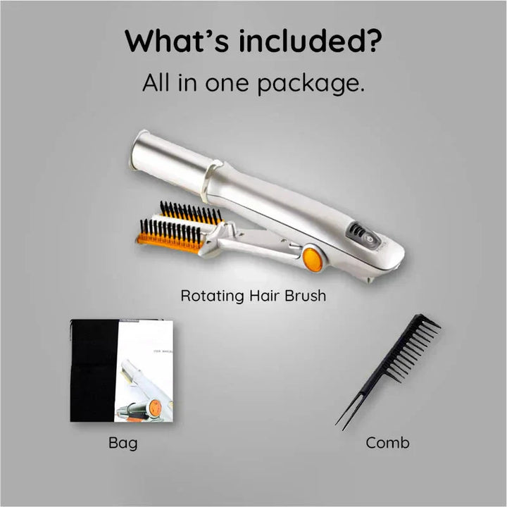 Women's rotating hair brush & iron with auto shut-off for safe, professional at-home hair styling.
