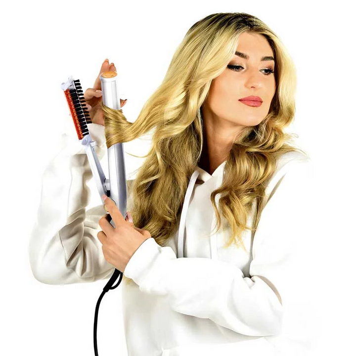 Achieve perfect curls or straight hair with this women's rotating heat brush and styling iron combo.