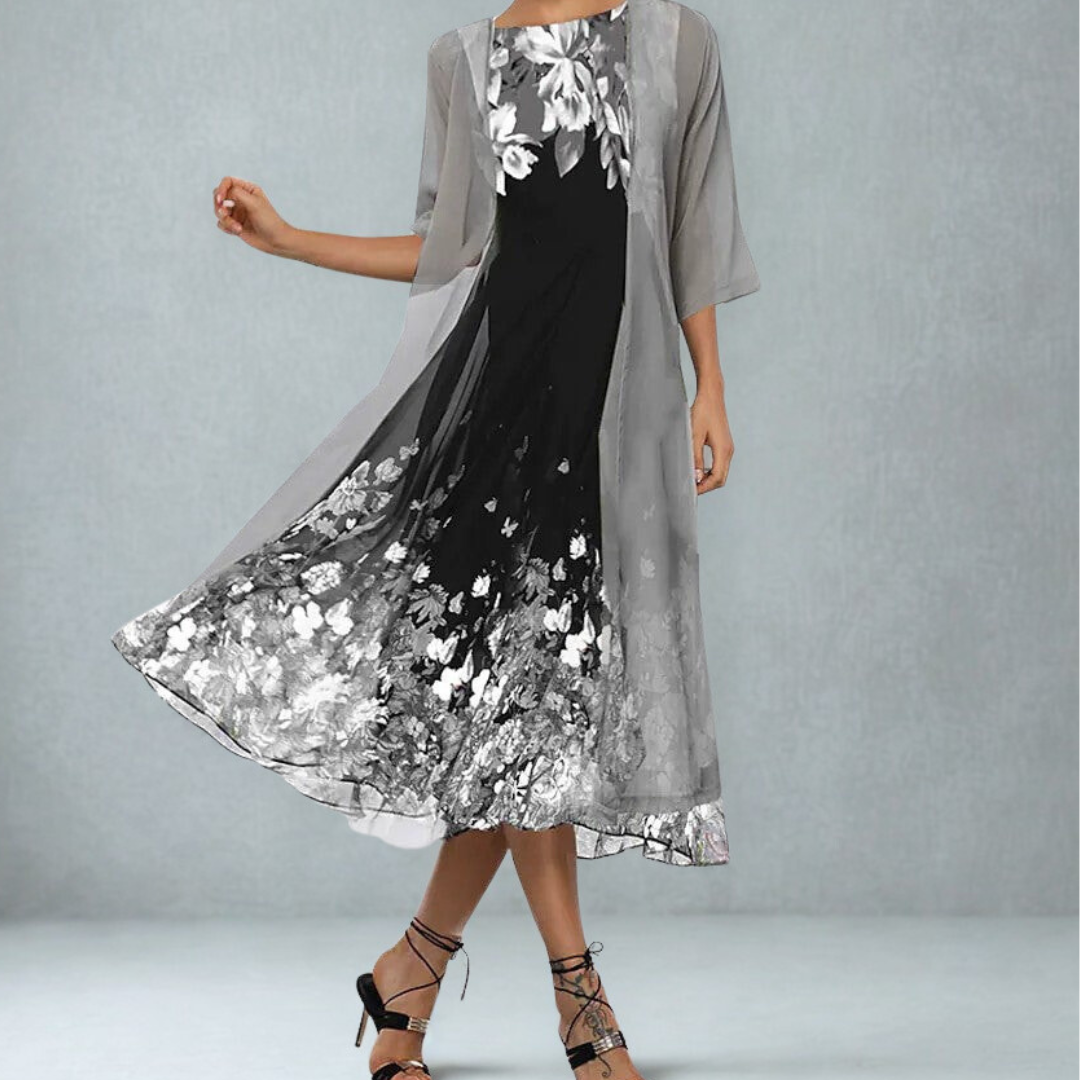 Versatile women's A-line floral midi dress with 3/4 sleeves. Ideal for spring fashion & elegant summer style.