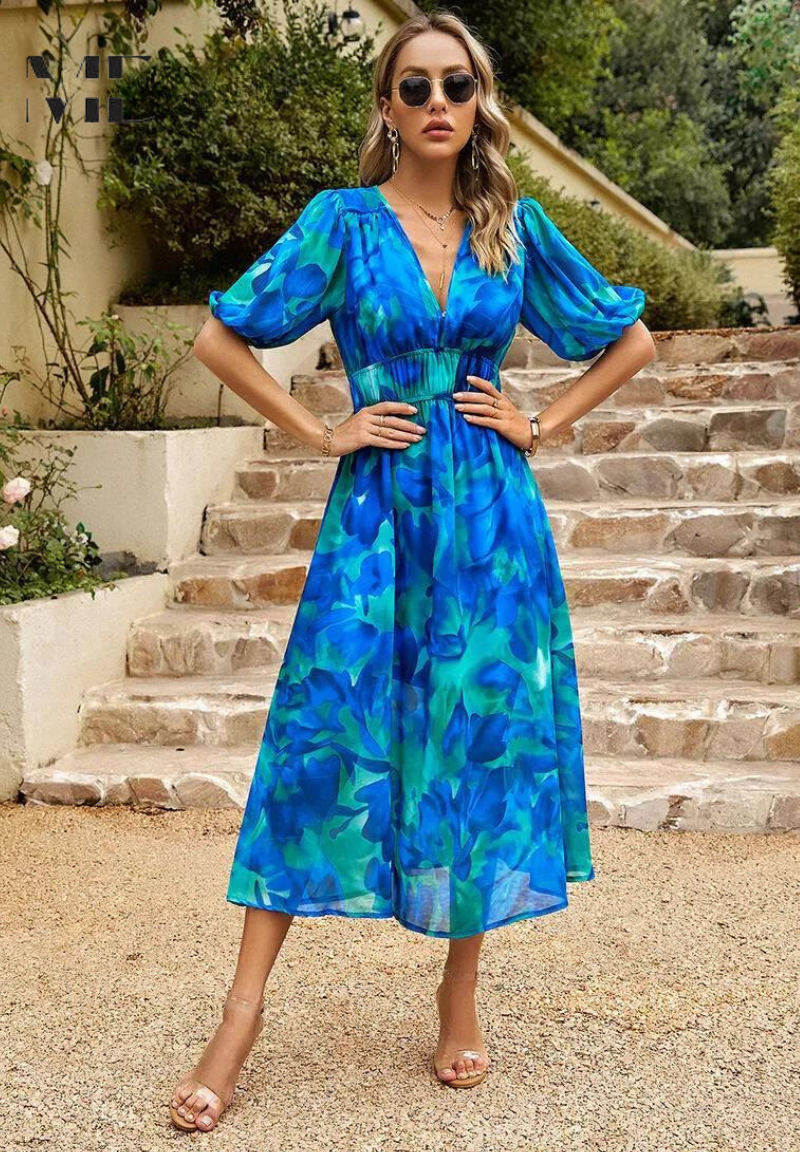 Belted midi dress for women, featuring a modern abstract artistic design.