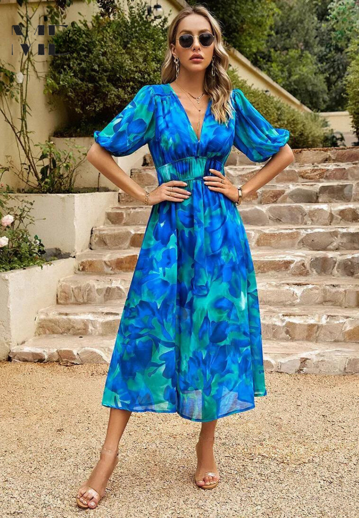 Belted midi dress for women, featuring a modern abstract artistic design.