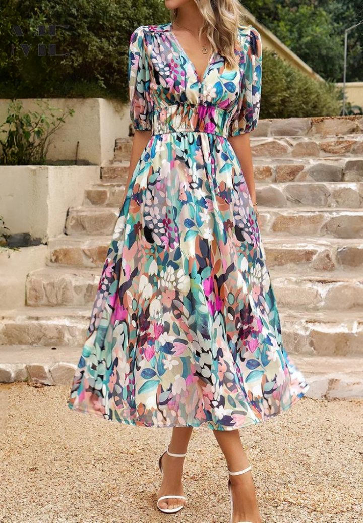 Close-up of the abstract print on a comfortable women's midi day dress.