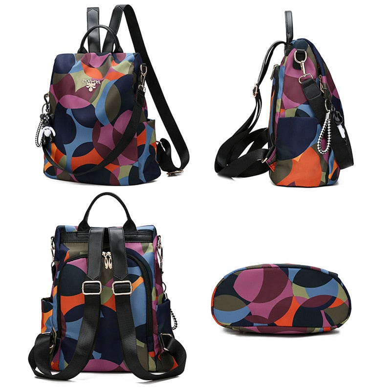 Organized women's anti-theft backpack showing multiple compartments, perfect for daily use & travel.