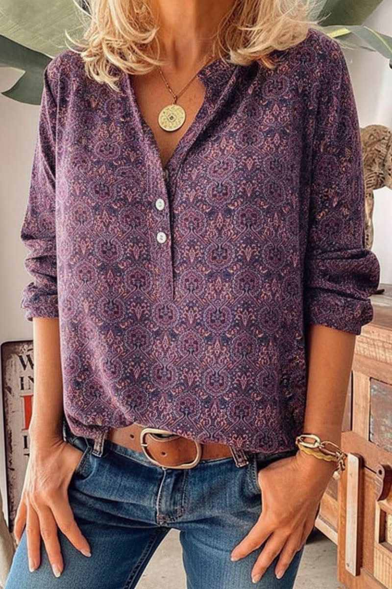 Stylish women's printed long sleeve blouse with artistic vintage design; a comfortable top for all-day wear.