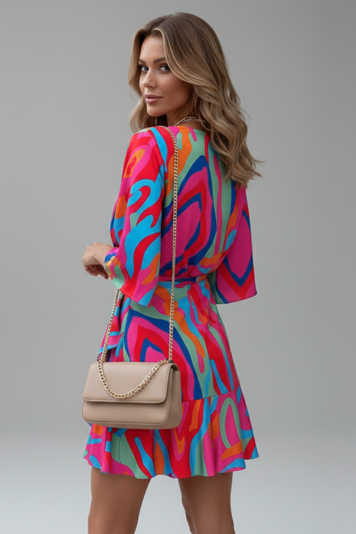 Fashionable batwing sleeve mini dress with tie waist, a versatile choice for women's summer wardrobe.