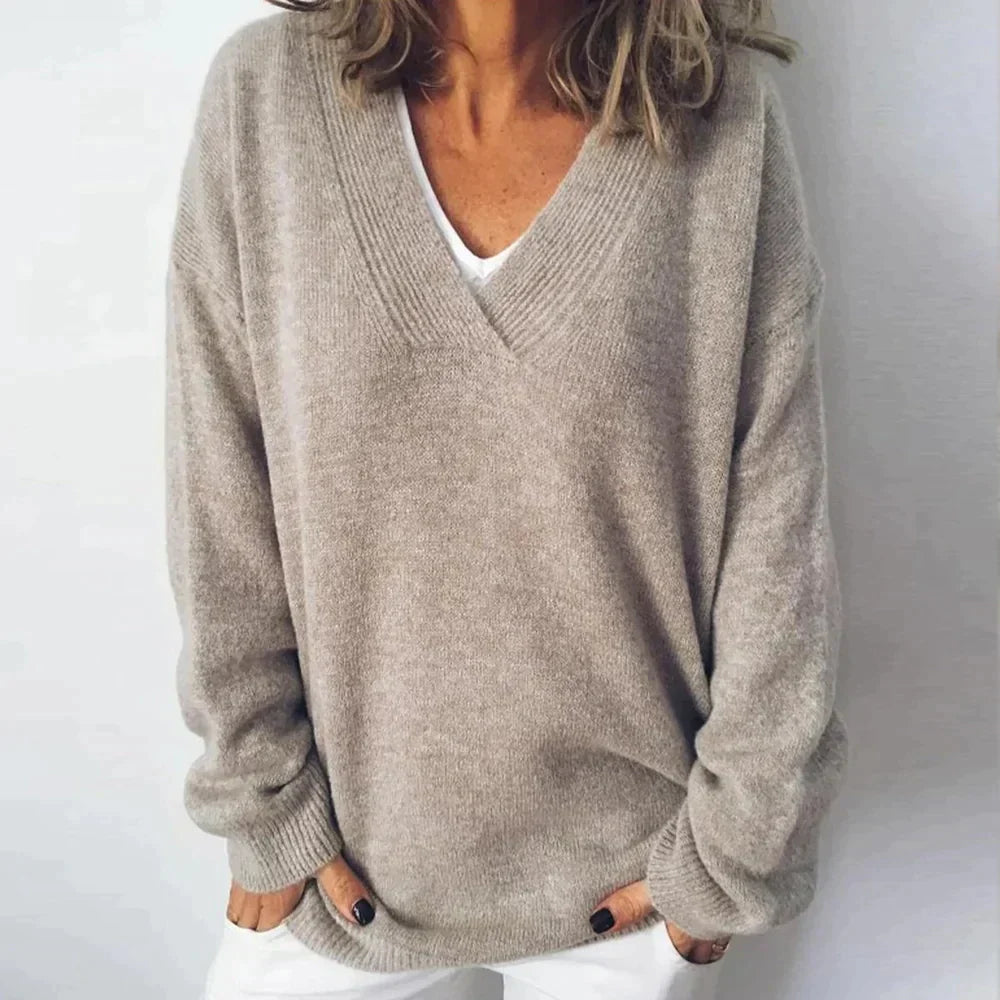 Women's beige v-neck spring sweater, long sleeve knit for casual layering and everyday comfort.