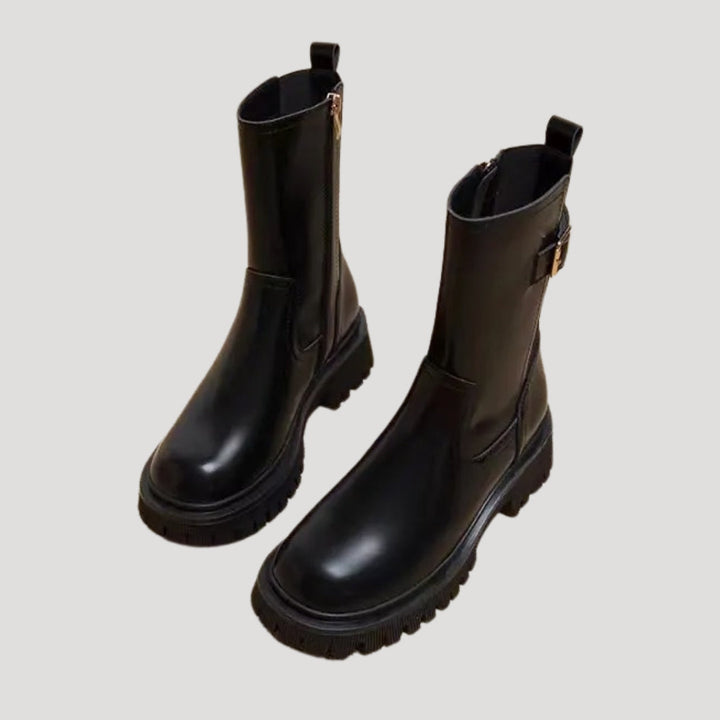 Women's black chunky mid-calf boots, perfect for spring casual fashion
