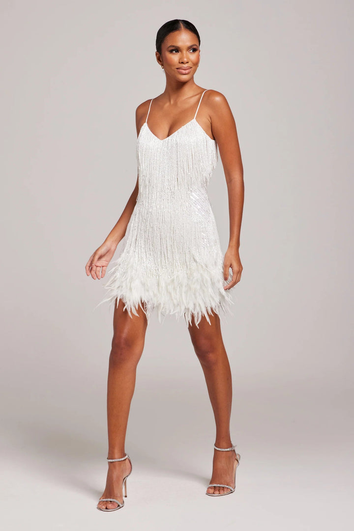 Glamorous women's fringe and feather cocktail dress, perfect for an evening event