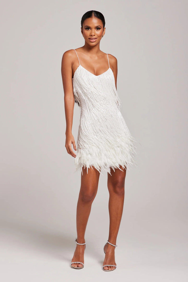 Close-up of the intricate fringe and feather detailing on a women's cocktail dress