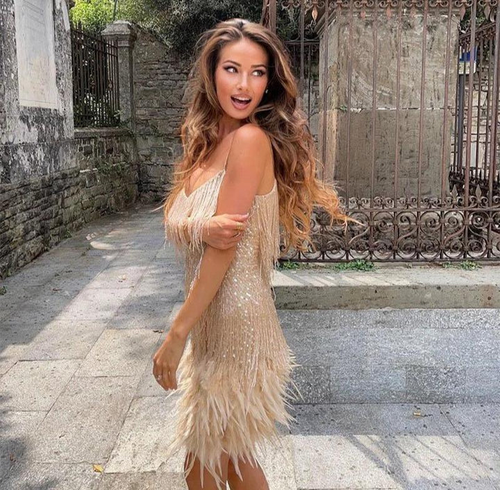 Fashionable women's party dress with unique fringe and feather accents, occasion wear