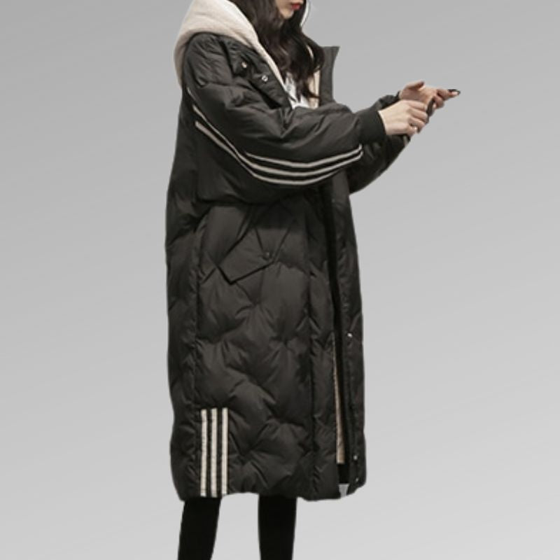 Black women's padded long jacket, a cozy & warm winter coat designed for ultimate cold weather comfort.