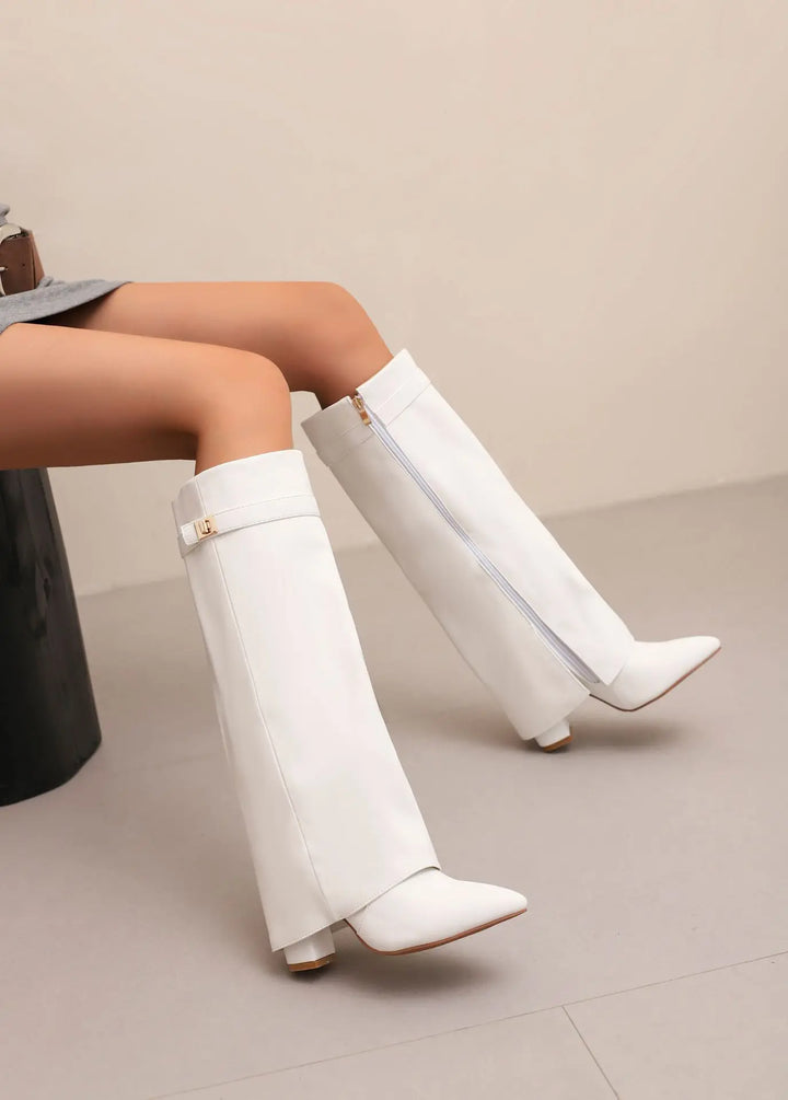 Black leather thigh-high boots, highlighting sleek design and buckle