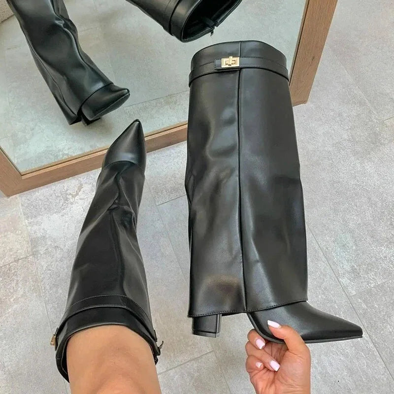 Fashionable black suede-like thigh-high boots with buckle accents