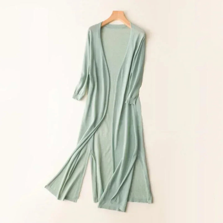 Stylish women's grey longline cardigan with a relaxed fit, perfect for versatile fashion