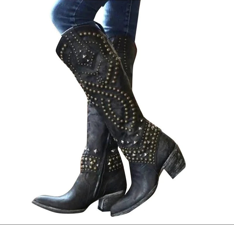 Women's black orthopedic knee-high boots with block heel and pointed toe for stylish comfort in fall/winter.