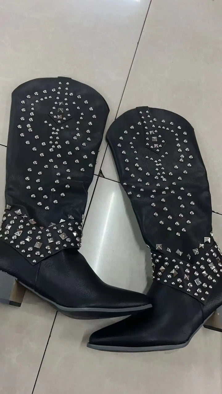 Elegant women's knee-high fashion boots with orthopedic support, block heel, and pointed toe for stylish comfort.