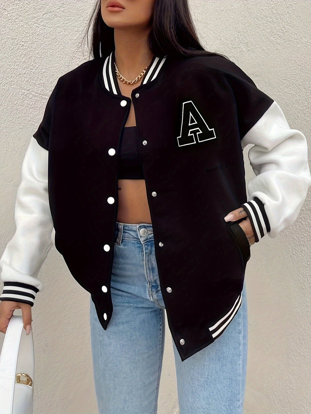 Women's black oversized varsity bomber jacket, casual streetwear, long sleeve, perfect for autumn fashion