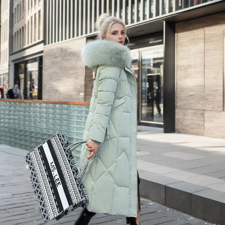 Women's heavy-duty quilted winter coat, hooded, designed for extreme cold weather conditions