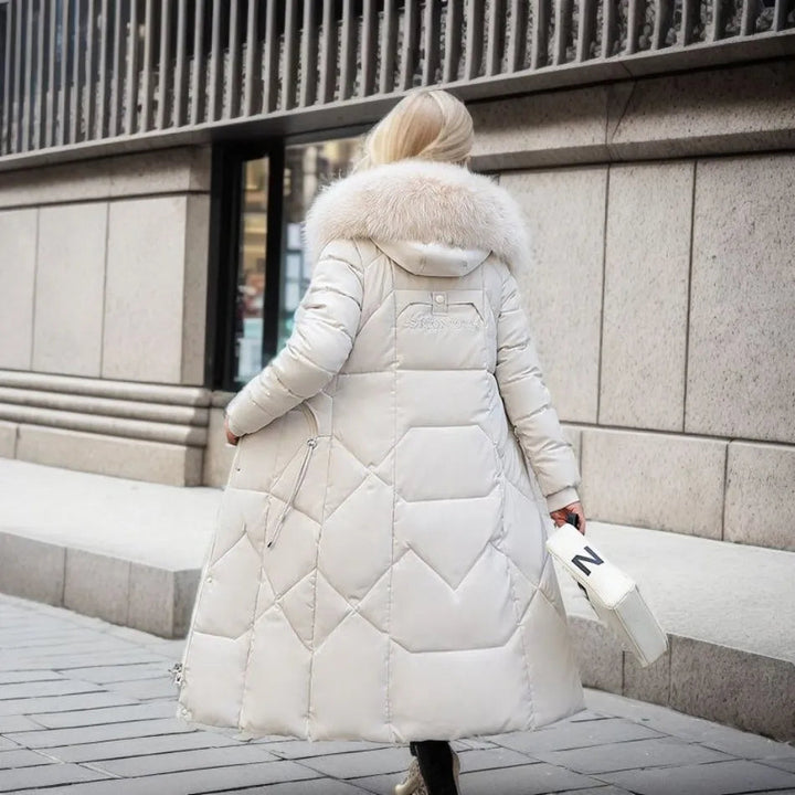 Fashionable women's long black quilted coat, hooded, providing ultimate warmth in winter