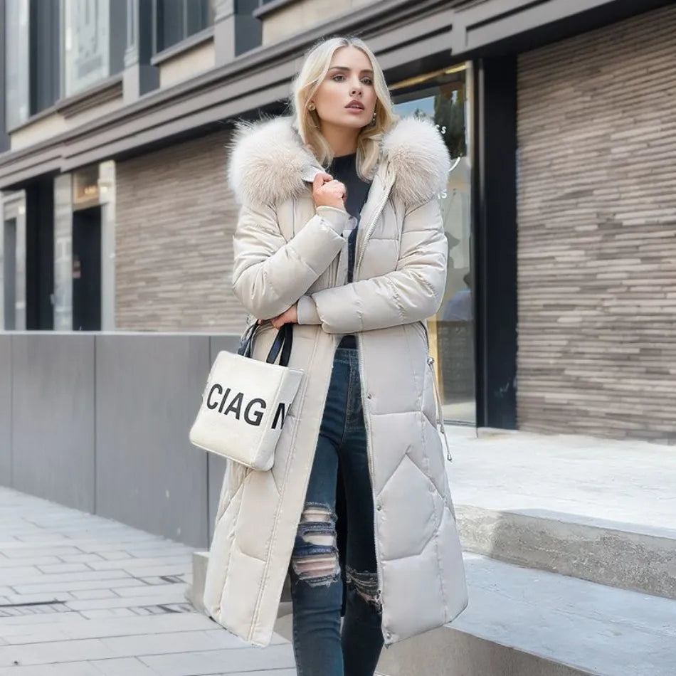 Women's outerwear: a chic quilted winter coat with a prominent hood, ideal for cold climates
