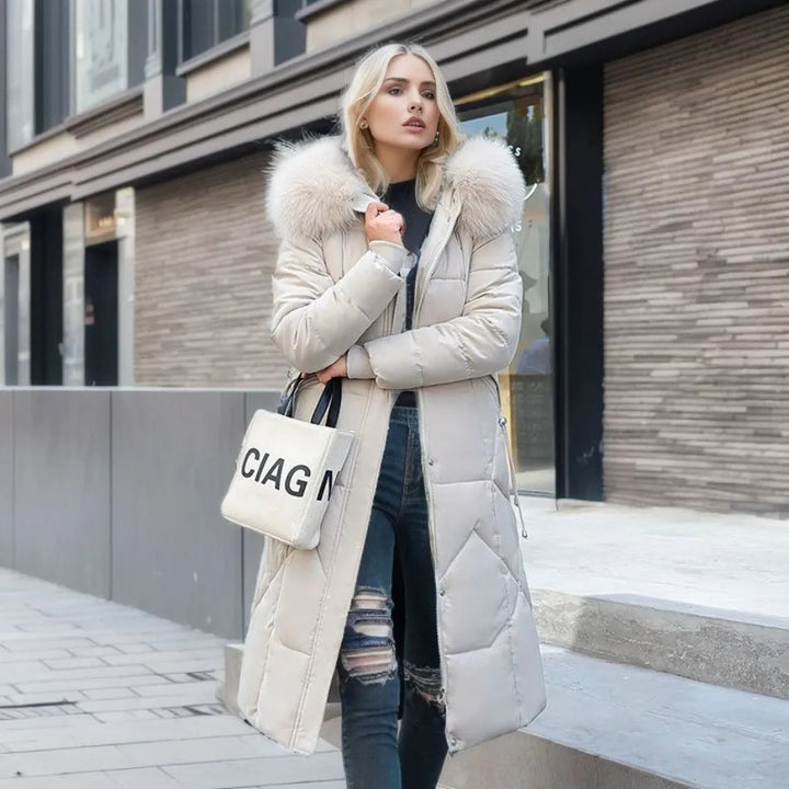 Women's outerwear: a chic quilted winter coat with a prominent hood, ideal for cold climates