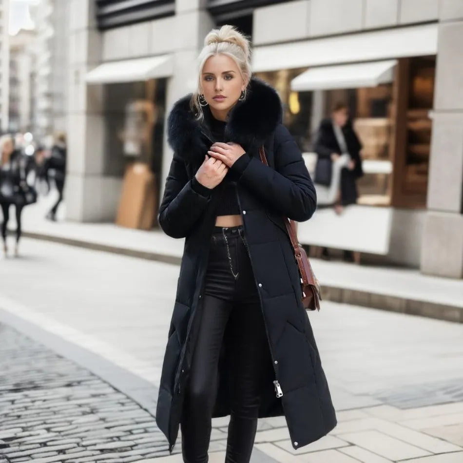 Elegant women's long winter coat, quilted design, hooded, for stylish cold weather protection