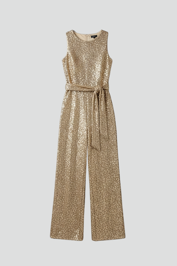Women's black sequin jumpsuit with straight legs, perfect for glamorous evening wear & formal parties.