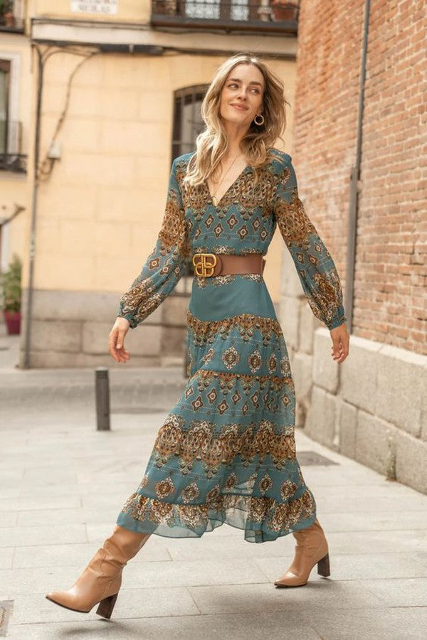 Boho blue medallion print women's midi dress featuring puff sleeves and a chic tiered design. Perfect for casual wear.