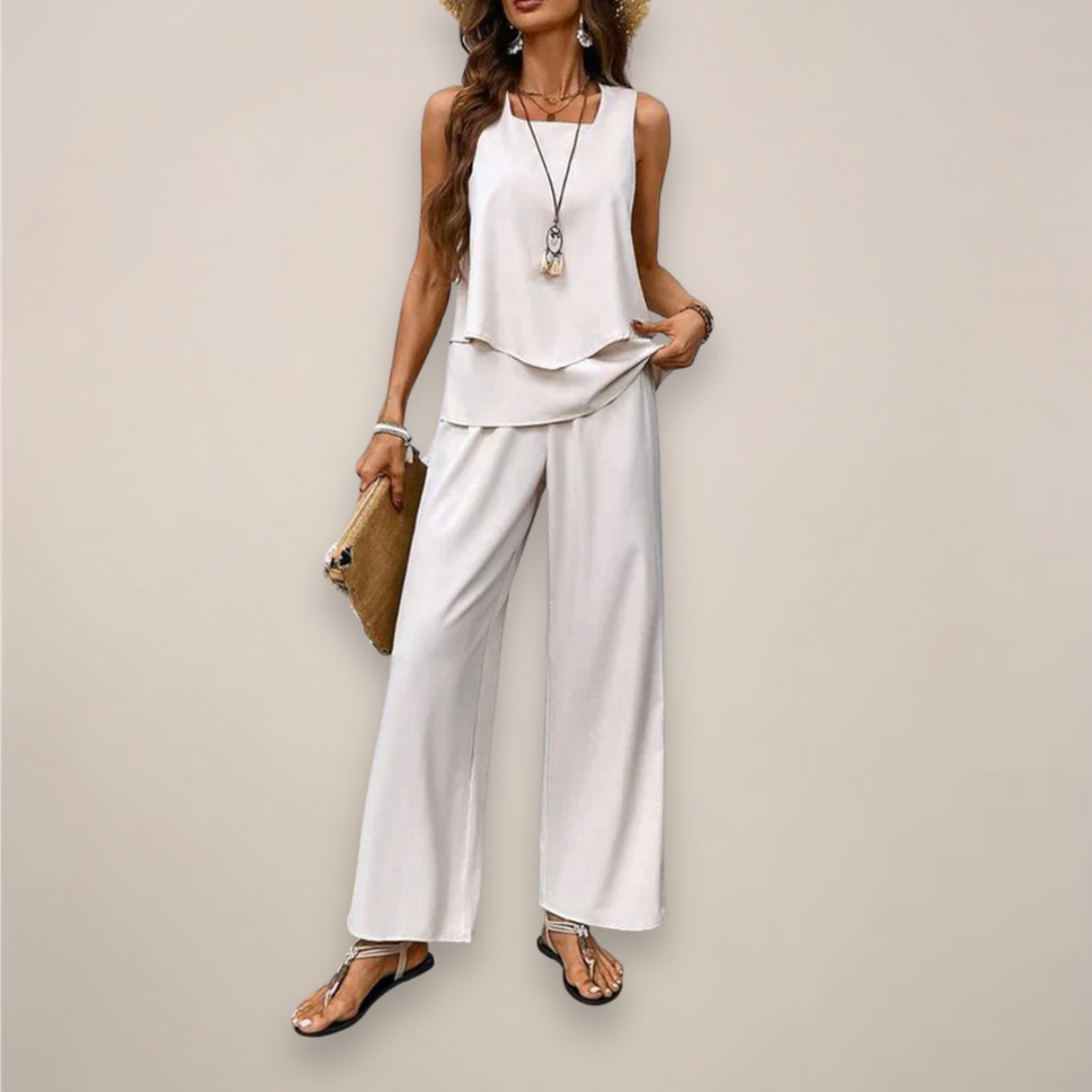 Matching printed top and wide-leg pants set, offering a relaxed yet stylish look for women.