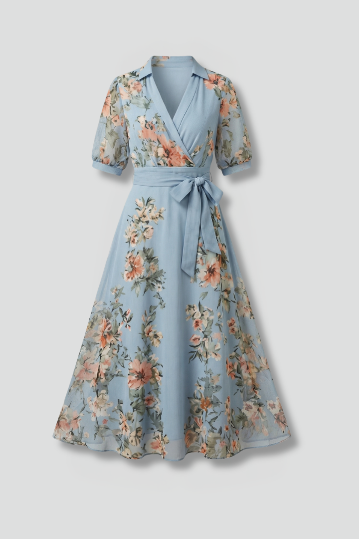 Women's blue floral wrap maxi dress with V-neck, short sleeves & tie waist, perfect for summer casual wear.