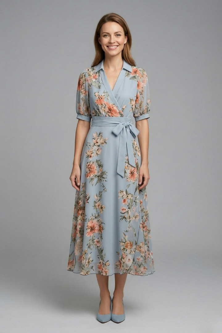 Elegant women's floral wrap maxi dress, featuring a flattering V-neck, tie waist & flowing flared skirt.
