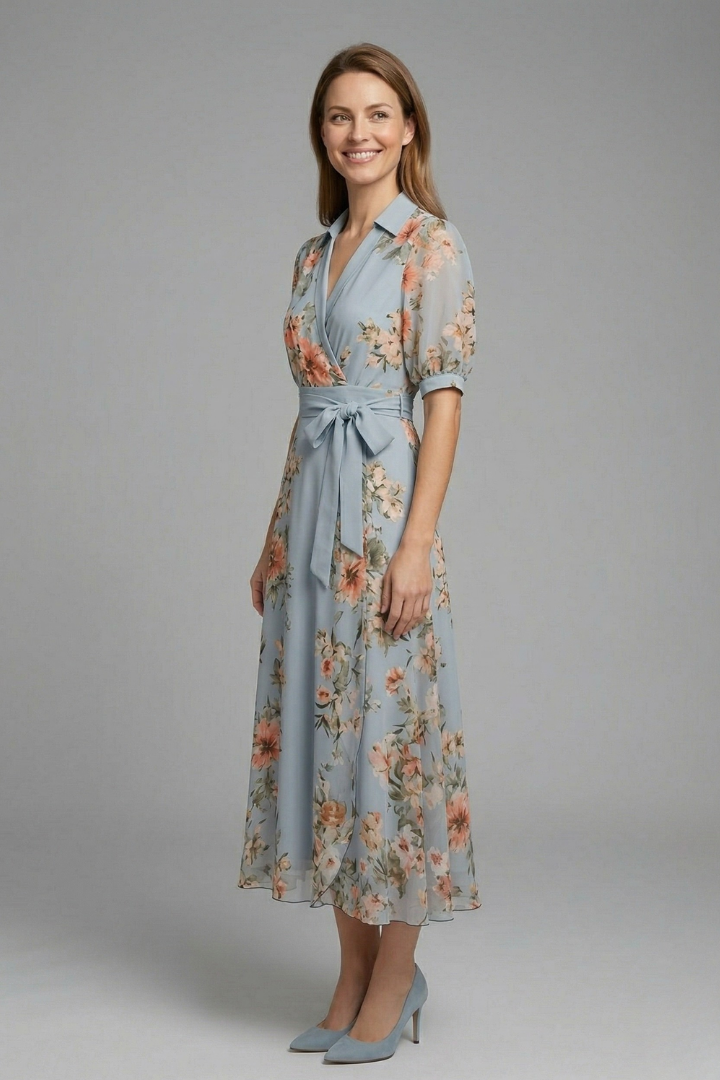 Casual summer women's floral maxi dress with comfortable short sleeves, V-neck, & adjustable tie waist.