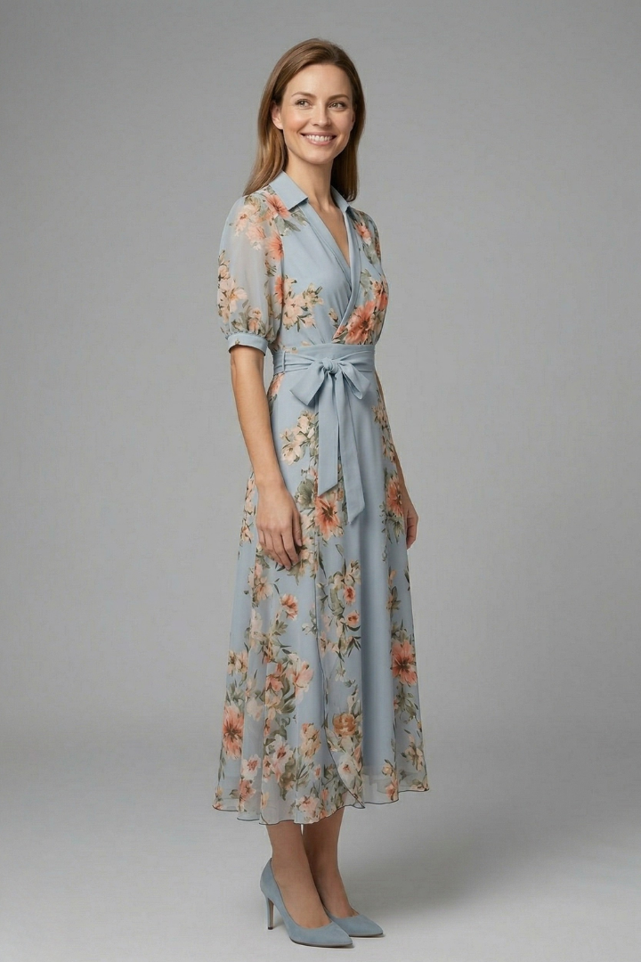 Flowy women's floral wrap maxi dress, blue, with V-neck, short sleeves, tie waist, & elegant flared skirt.