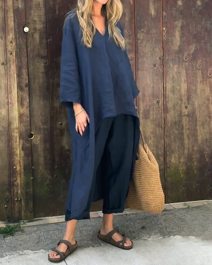 Stylish white two-piece relaxed tunic & pant set for women, comfort fashion