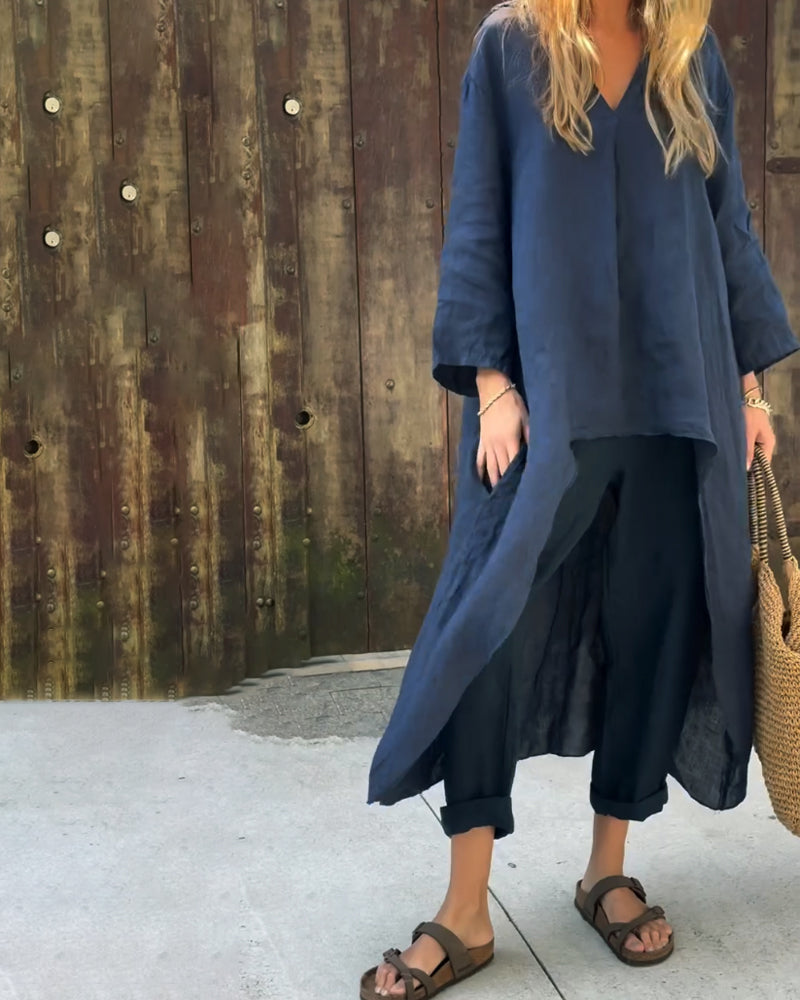 Front view of women's blue relaxed tunic & pant set, comfortable apparel