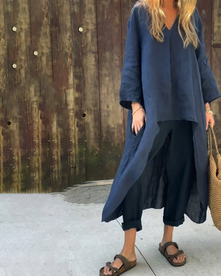 Front view of women's blue relaxed tunic & pant set, comfortable apparel