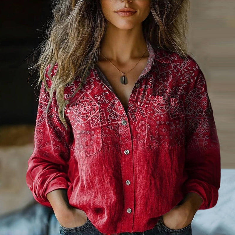 Women's bohemian vintage long sleeve blouse with a floral print, perfect for casual chic spring fashion.