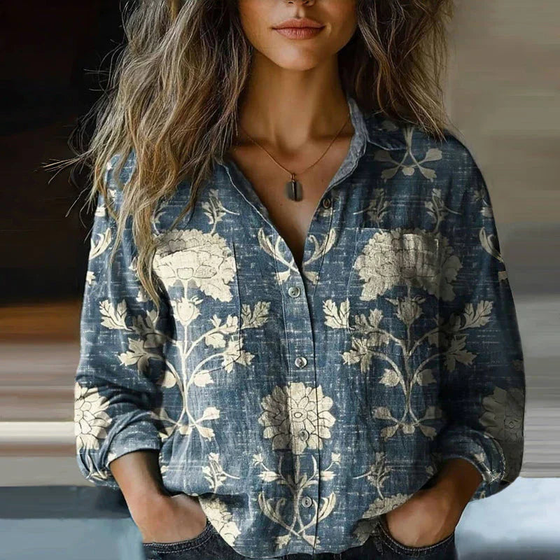 Loose fit women's bohemian long sleeve blouse with a vibrant vintage floral pattern, a stylish button-down top.