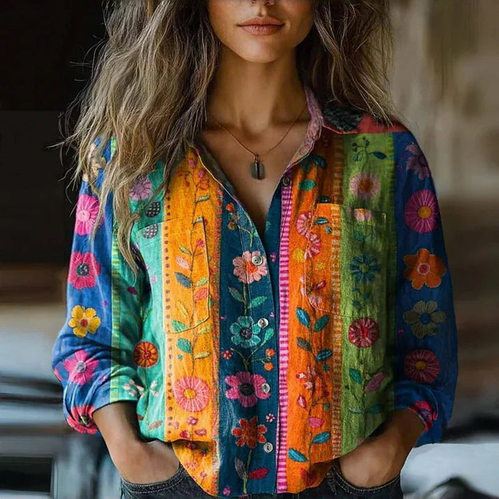 Women's long sleeve bohemian blouse with a vintage floral print, a versatile collared top for elegant casual wear.