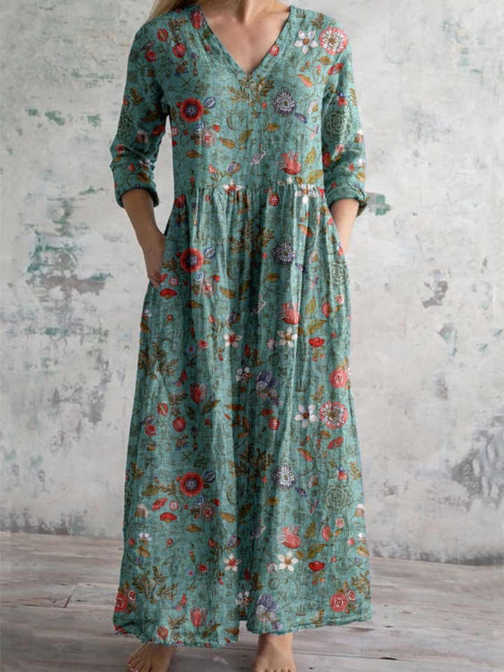 Women's boho floral V-neck maxi dress with three-quarter sleeves & pockets, perfect for summer casual wear.