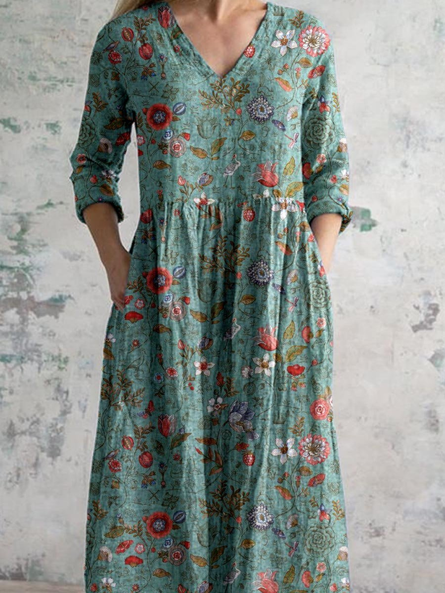 Relaxed fit women's floral print V-neck maxi dress with pockets; ideal comfortable spring & vacation style.