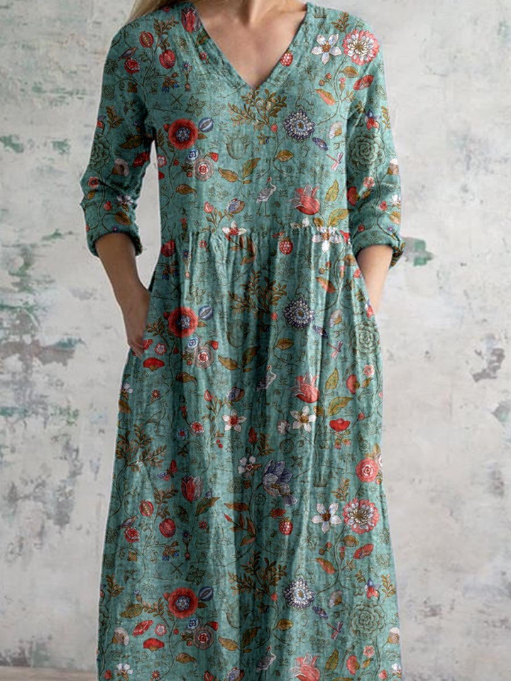 Relaxed fit women's floral print V-neck maxi dress with pockets; ideal comfortable spring & vacation style.