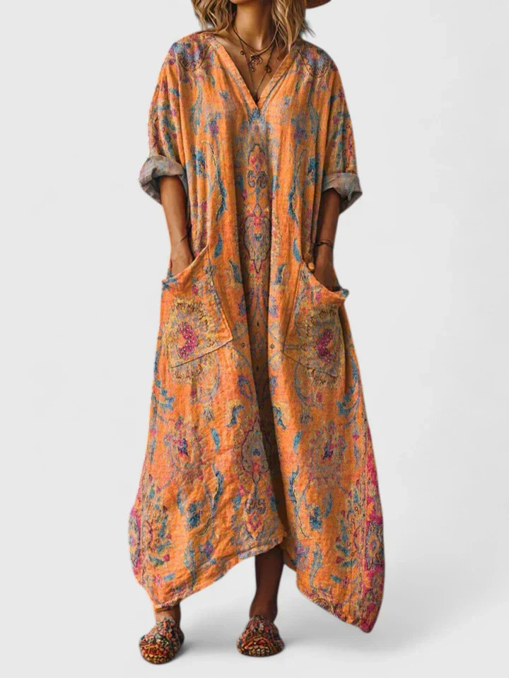 Women's boho print maxi dress with v-neck, 3/4 sleeves & pockets. Ideal for summer casual or vacation.