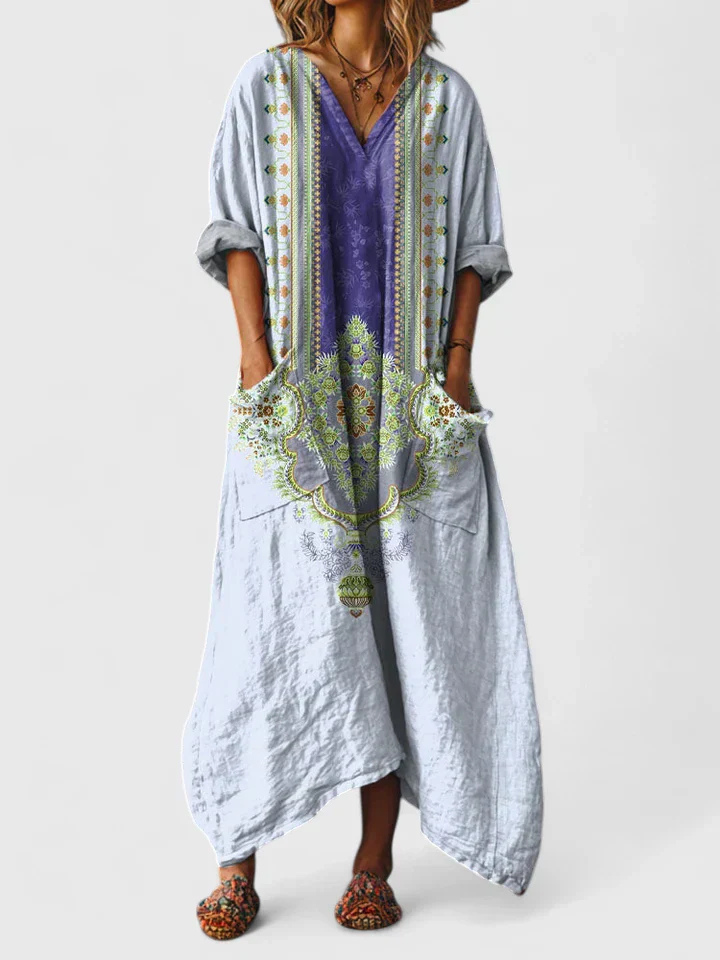 Women's everyday boho maxi dress: bold print, v-neck, 3/4 sleeves, relaxed fit, and practical pockets.