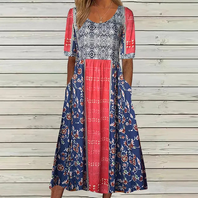 Comfortable women's boho print midi dress. Short sleeve, round neck, and functional pockets for daily wear.