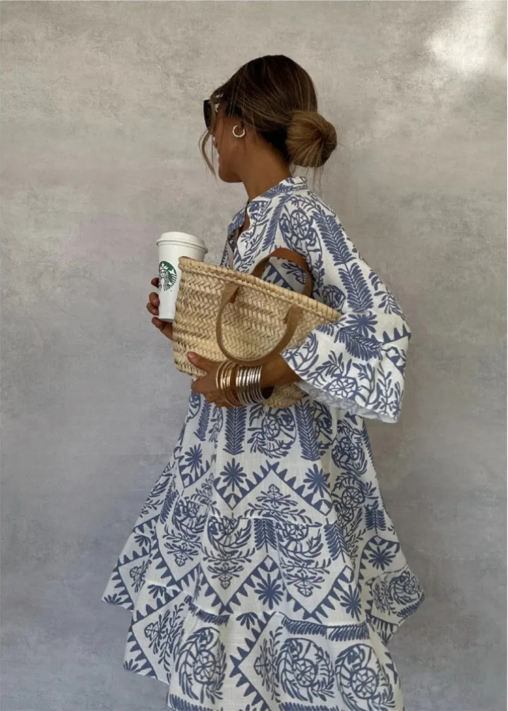 Women's boho print oversized flowy midi dress with long sleeves and stand collar, perfect for summer casual wear.