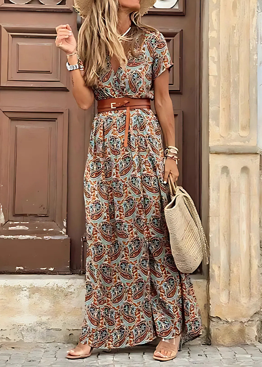 Elegant women's boho V-neck maxi dress, a long flowy summer style with belt. Perfect for casual or beach.