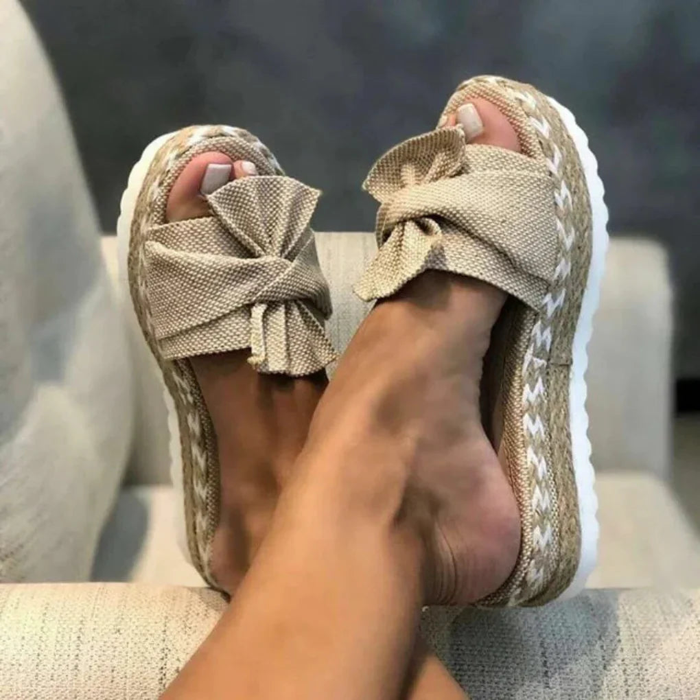 Women's Bow Platform Slide Sandals, black with an elegant top bow for summer fashion