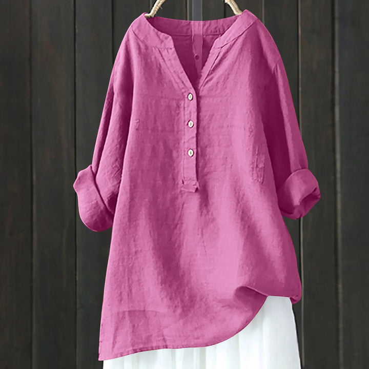 Women's breezy button-up summer shirt, relaxed fit V-neck, perfect for casual wear & vacation.