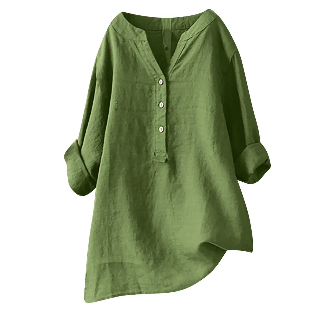 Women's breezy button-up V-neck summer shirt in a relaxed, flowy fit, great for casual vacation wear.